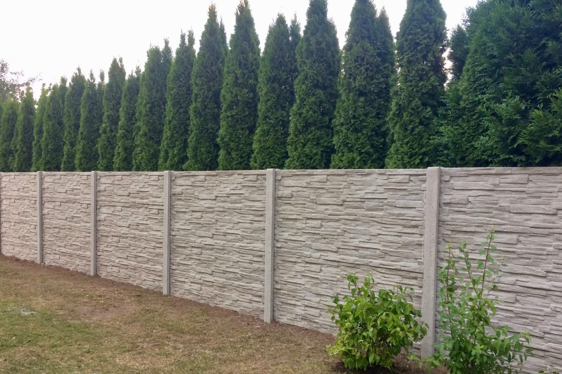 Betonový plot s kamenným vzorem u zahrady s tújemi